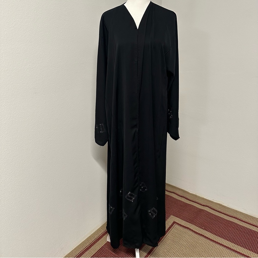 Black Front Button Down Abaya with Subtle Rhinestone Details